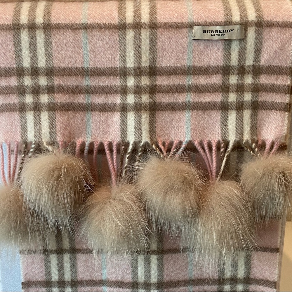 Burberry Pink Plaid Cashmere Fox Fur Pom Poms Scarf - Picture 3 of 7